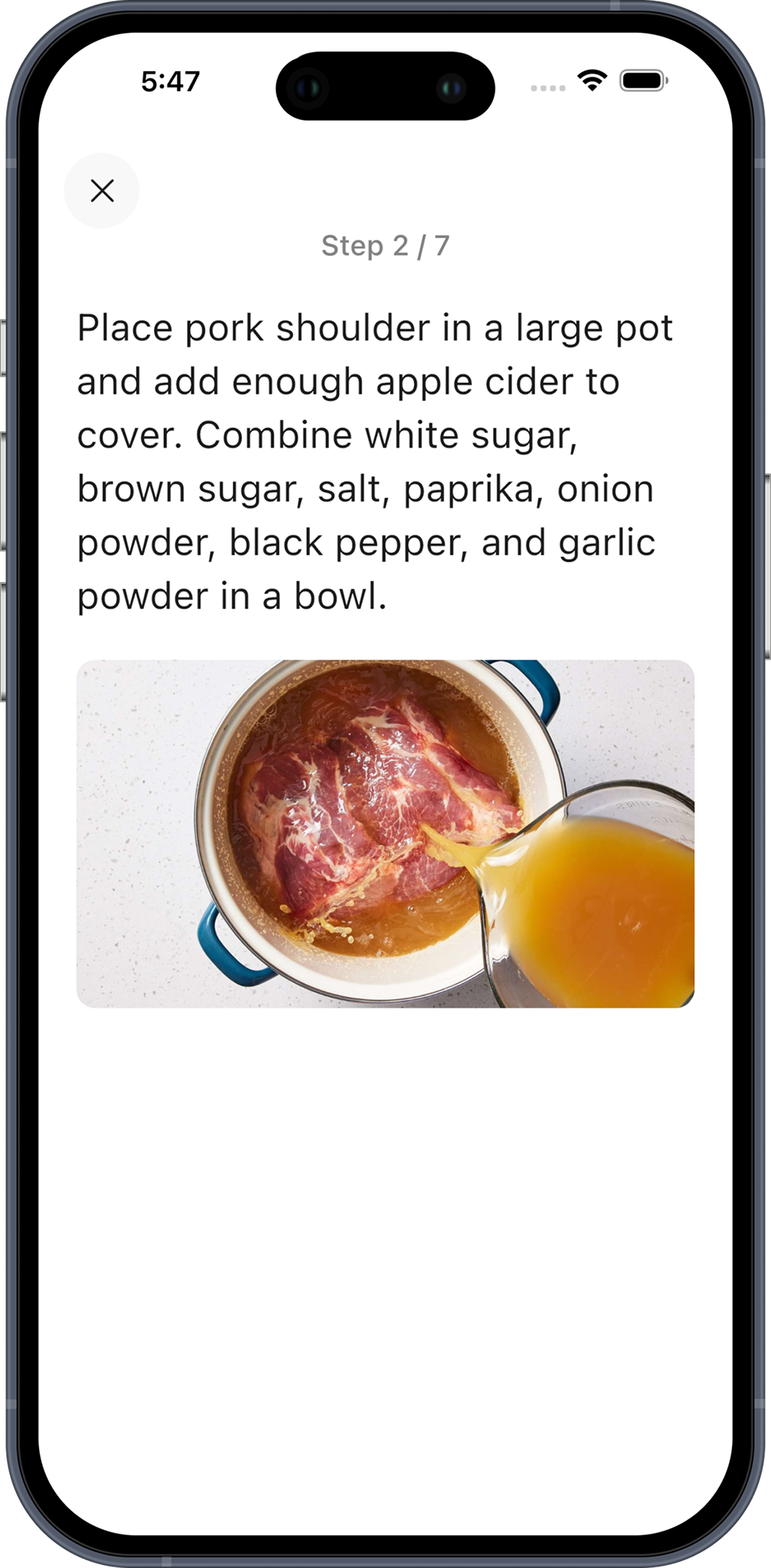 ChefBook Cook Mode showing step 2 of 7 in large text with a photo of the step