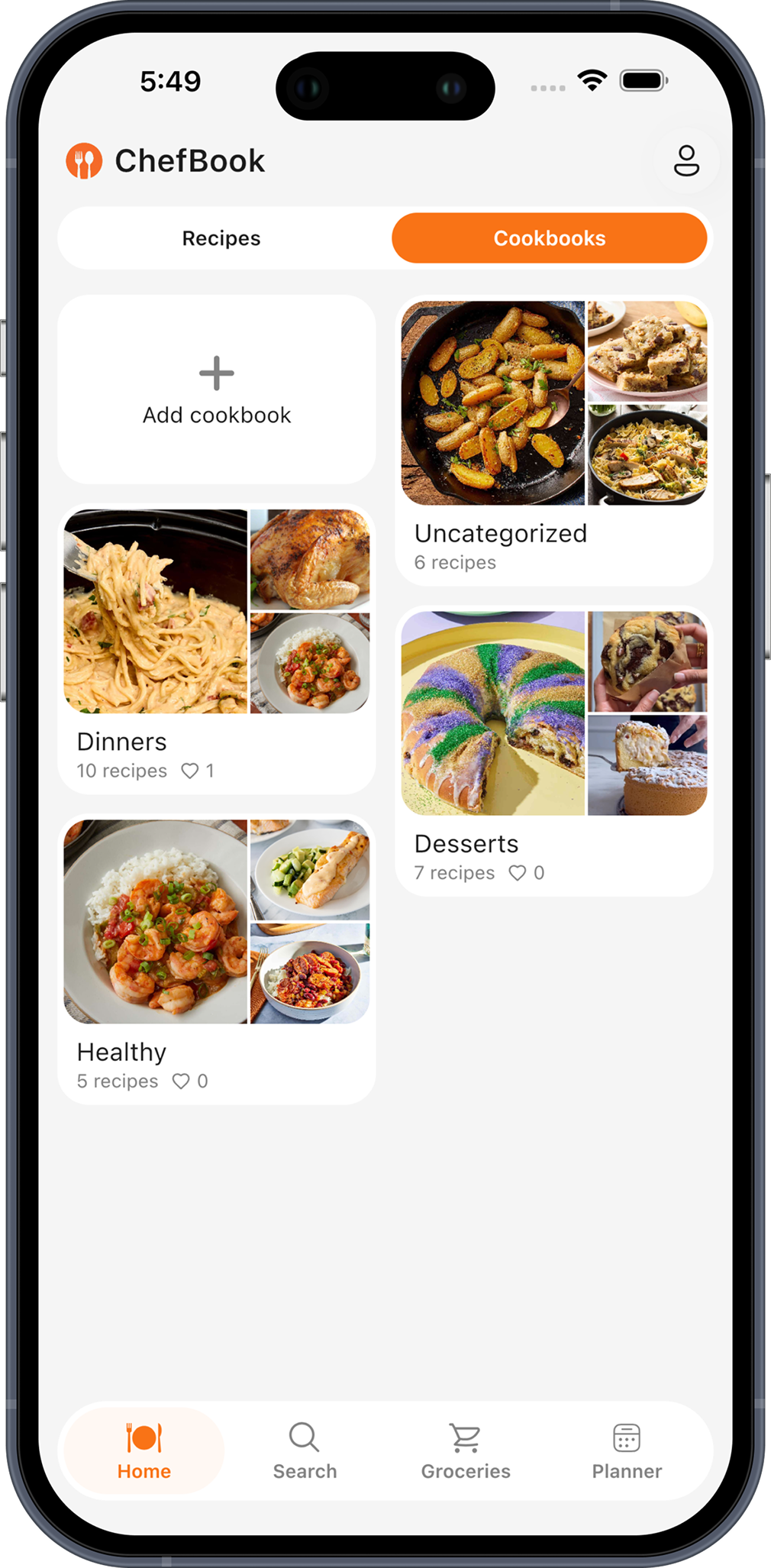 ChefBook home screen with Dinners, Desserts and Healthy cookbooks