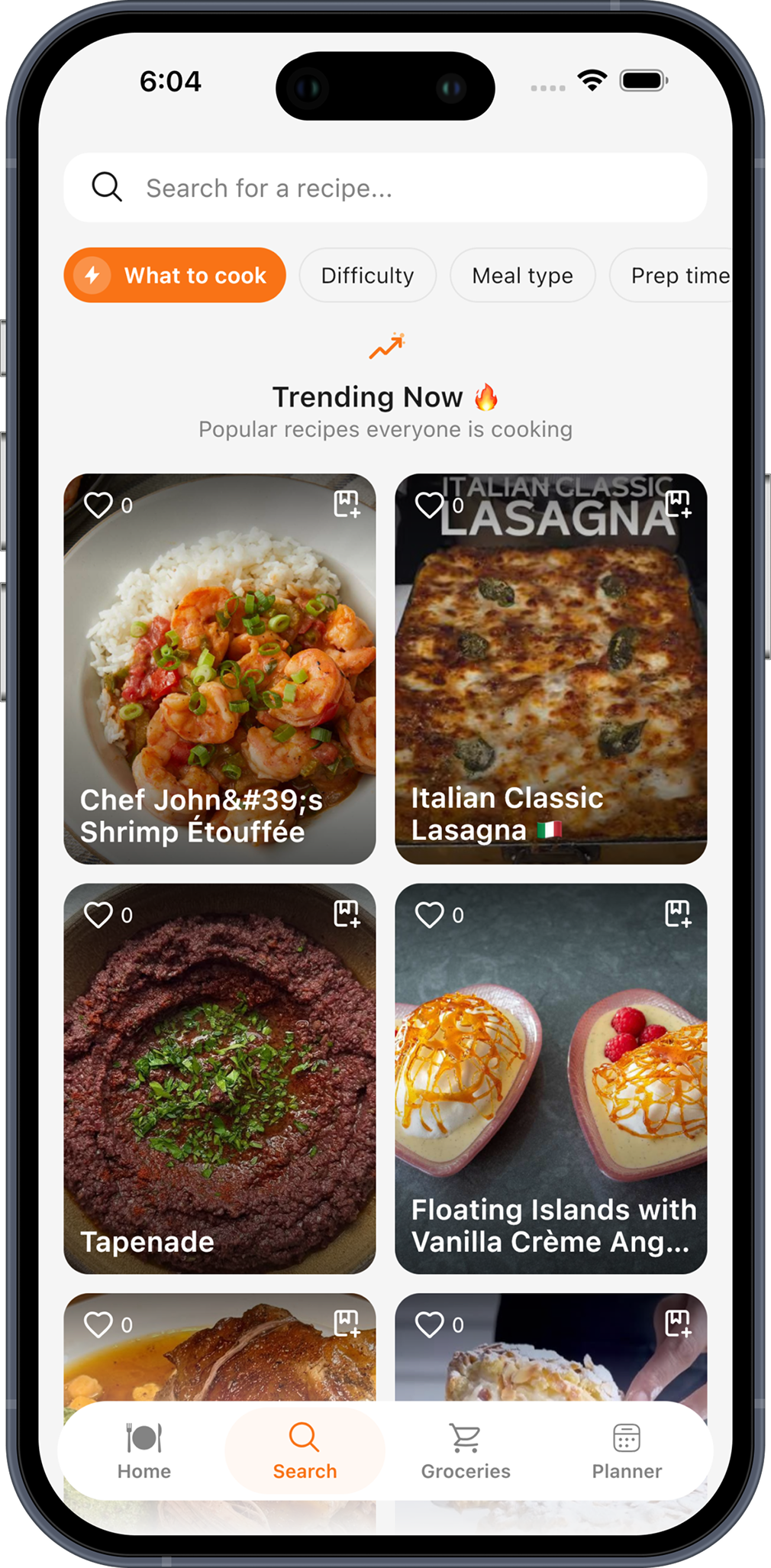 ChefBook search screen with trending recipes and filters