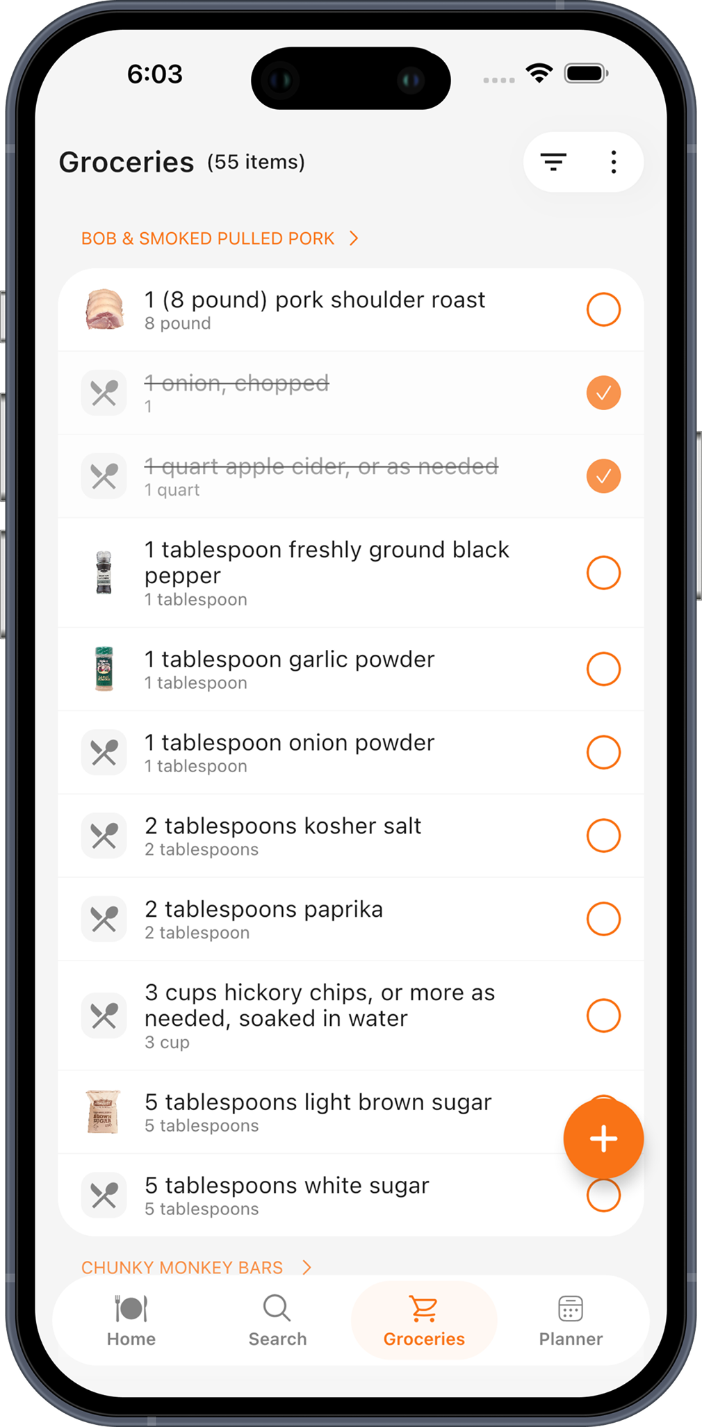 ChefBook grocery list with items grouped under Bob &amp; Smoked Pulled Pork and some checked off
