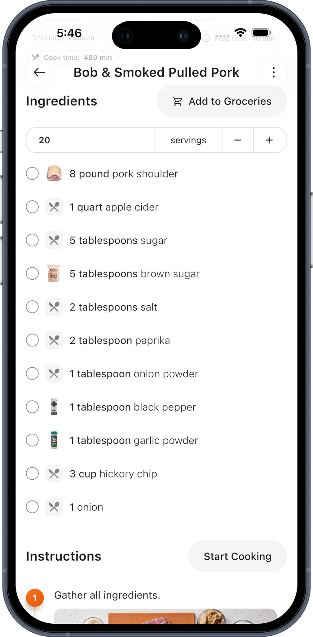 ChefBook ingredient list scaled to 20 servings with a Start Cooking button