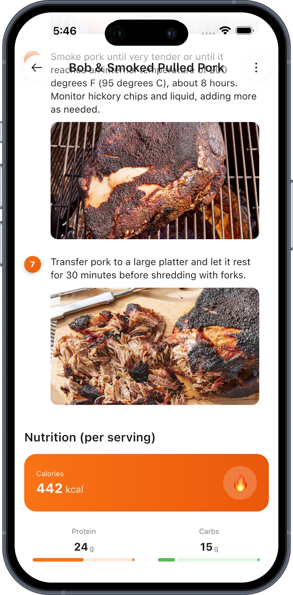 ChefBook nutrition panel showing 442 kcal, 24g protein and 15g carbs per serving