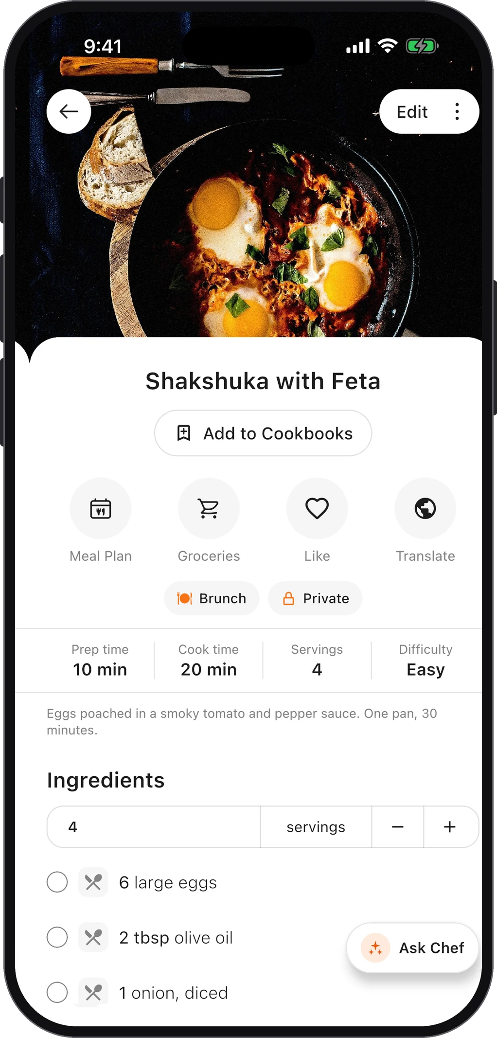 Shakshuka à la feta ouverte dans ChefBook : temps de préparation et de cuisson, nombre de parts et liste des ingrédients
