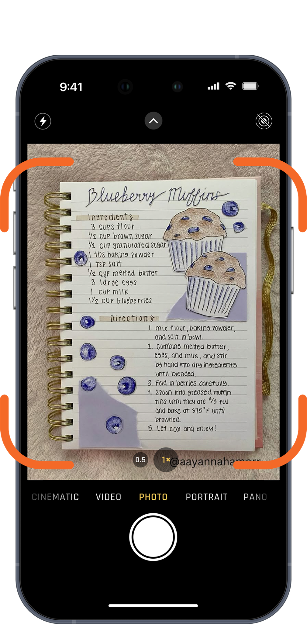 ChefBook's camera framing a handwritten blueberry muffin recipe card to scan it