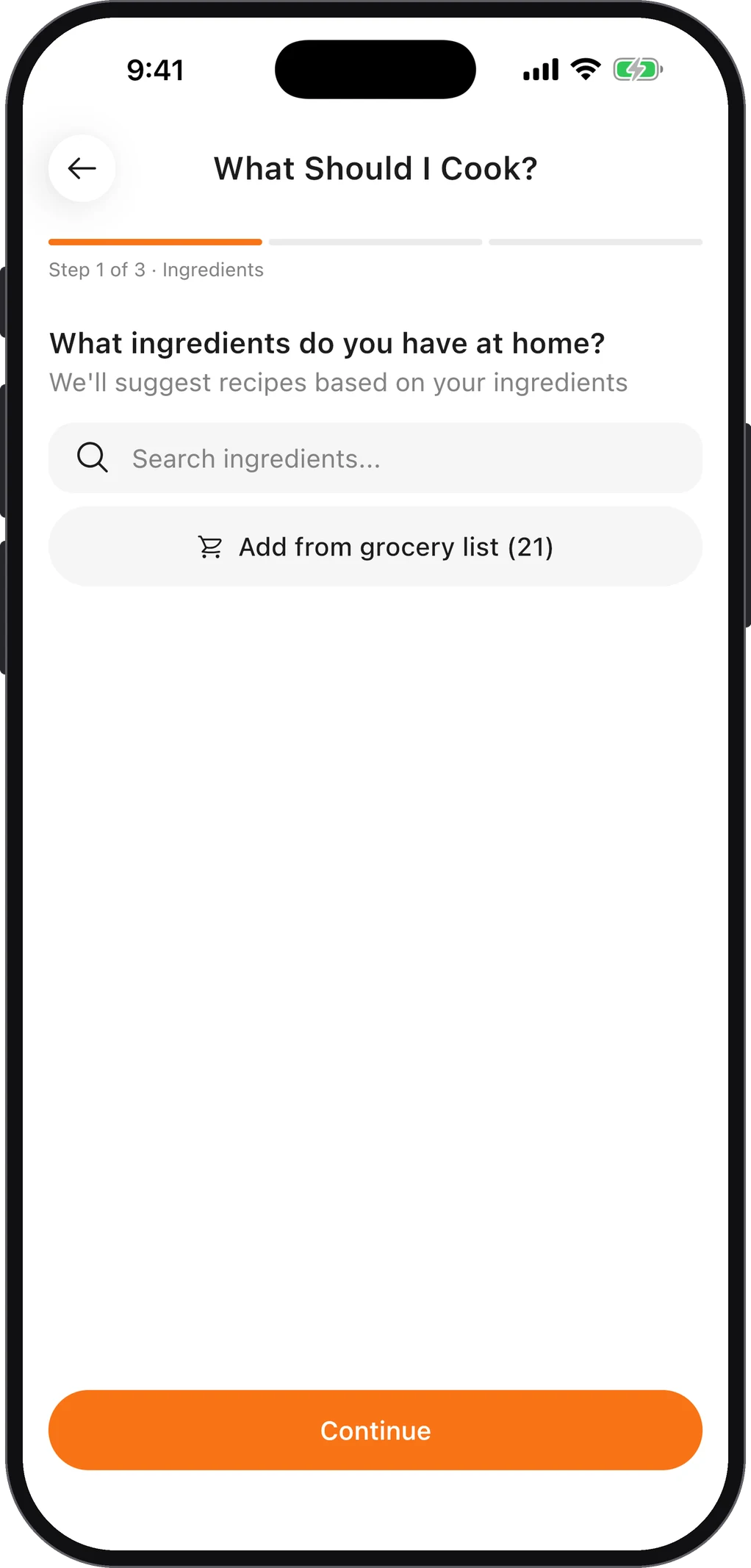 What Should I Cook? step 1 of 3: choosing the ingredients you have at home