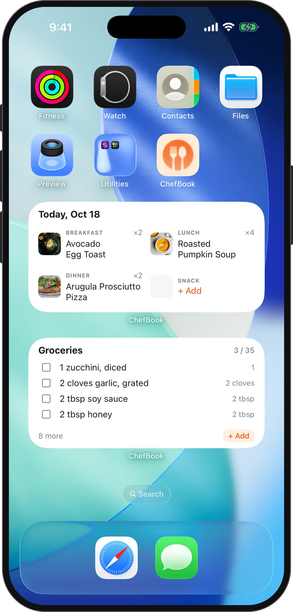 An iPhone home screen with ChefBook's Today's Menu and Groceries widgets