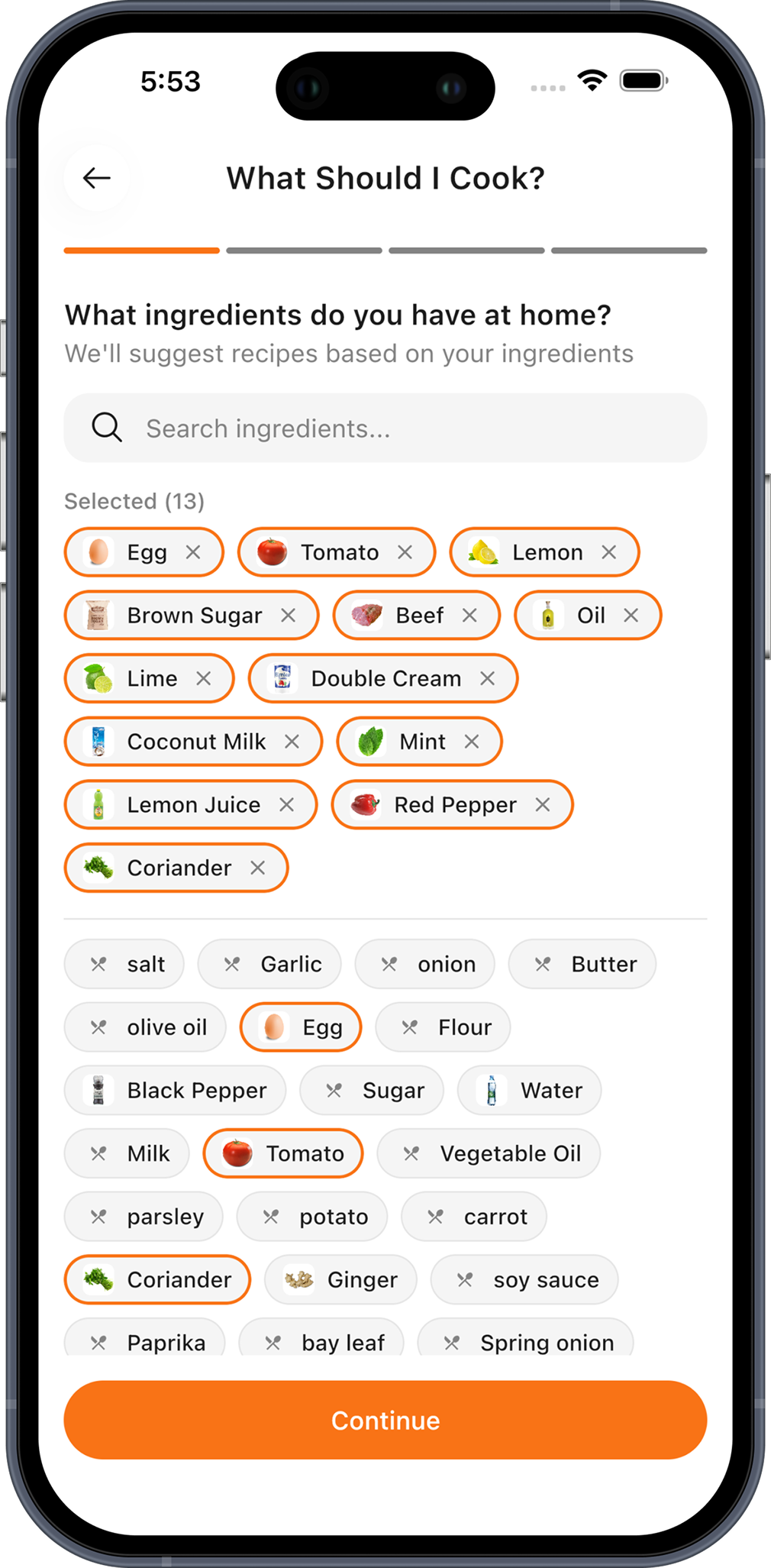 Selecting the ingredients you have at home — egg, tomato, lemon, beef and more