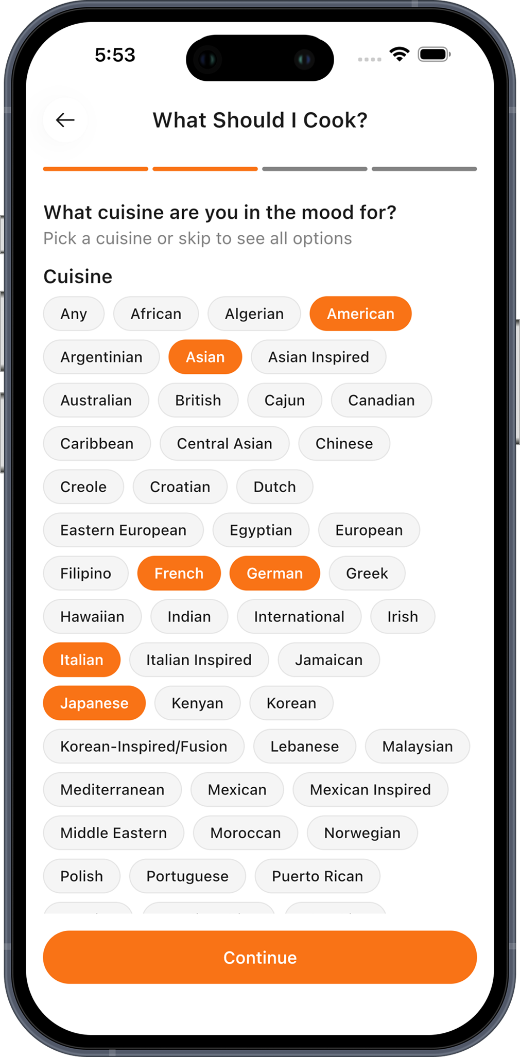 Choosing cuisines such as American, Asian, French, German, Italian and Japanese