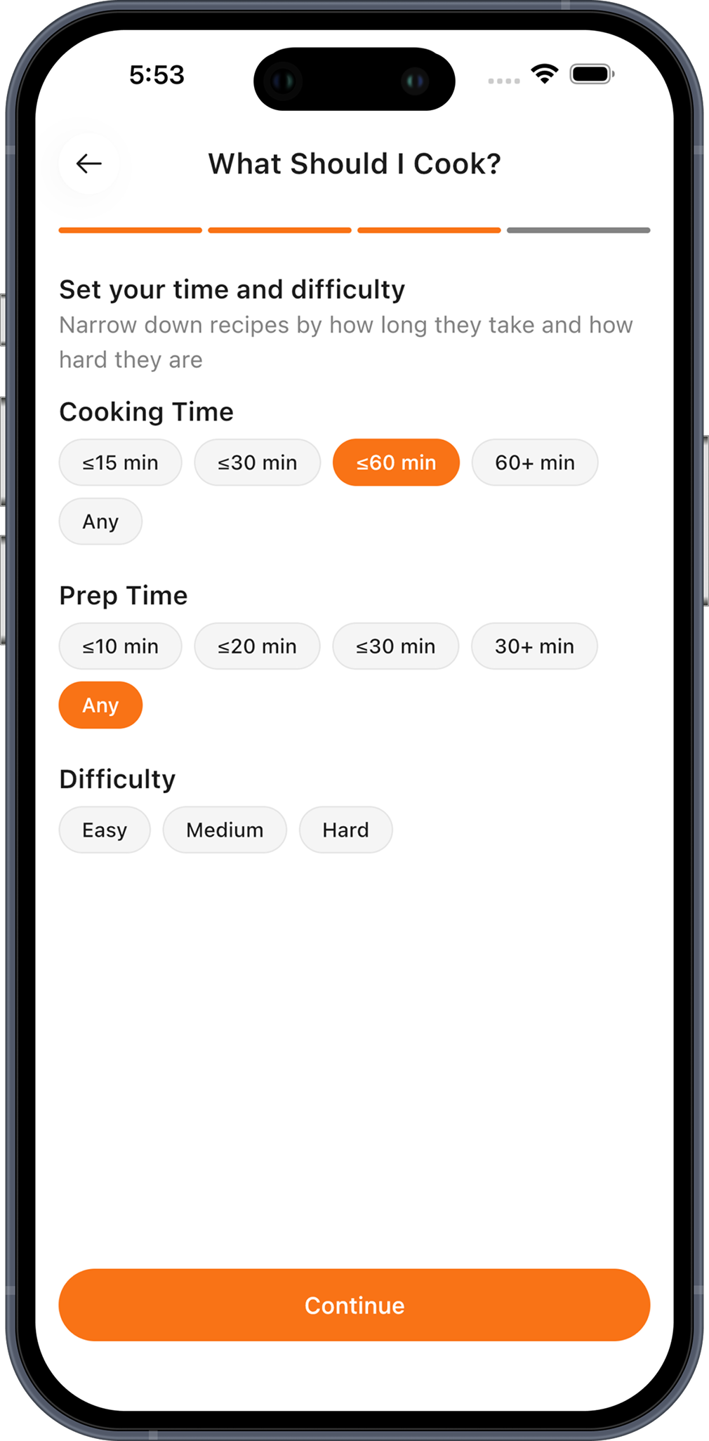 Setting cooking time to 60 minutes or less and choosing a difficulty level