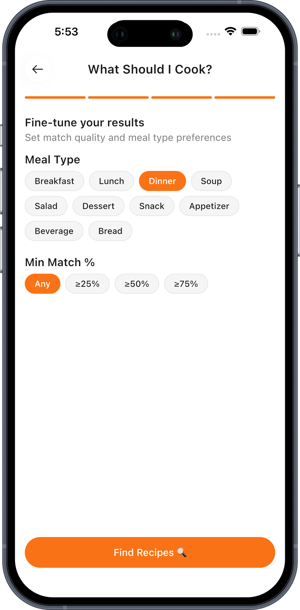 Choosing dinner as the meal type and a minimum ingredient match percentage
