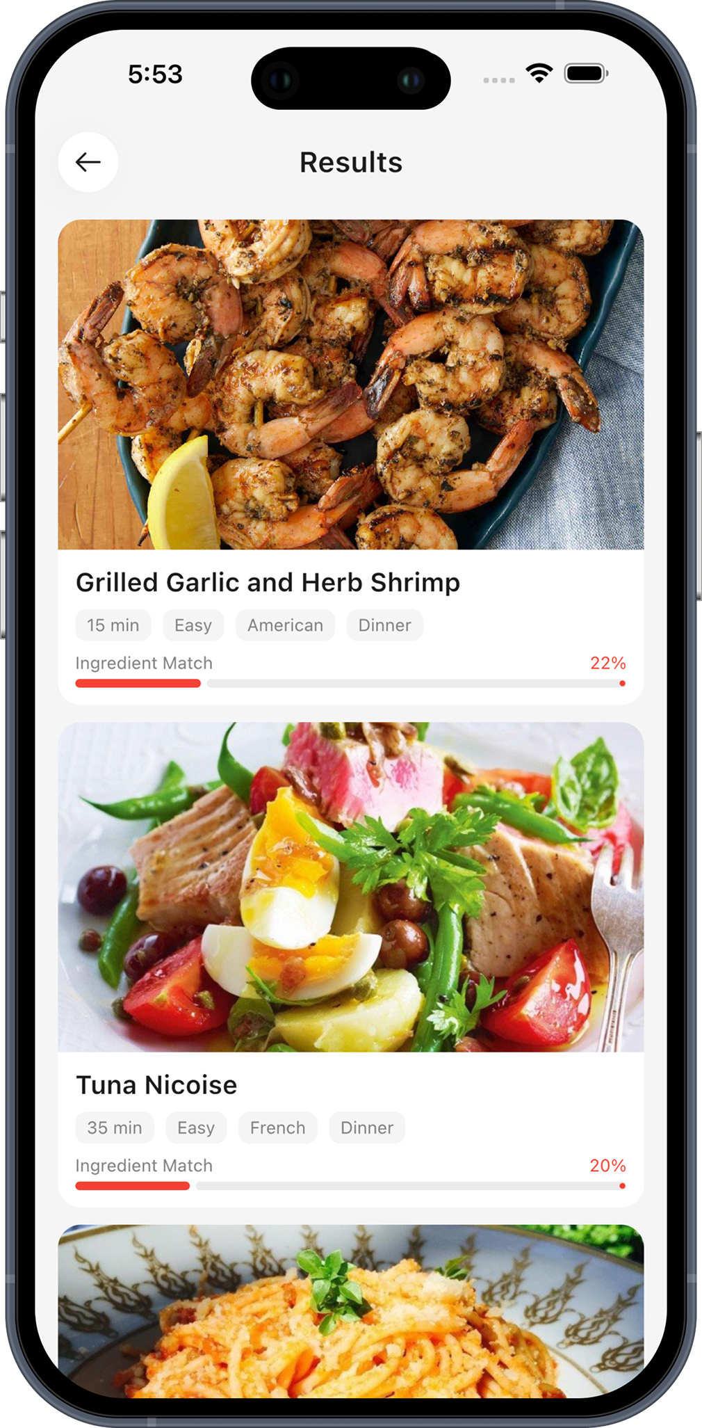ChefBook results showing Grilled Garlic and Herb Shrimp with a 22% ingredient match bar